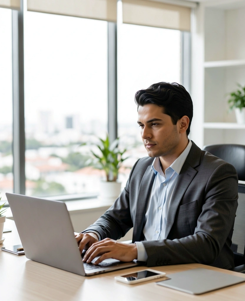 Profesional utilizando herramientas de IA en oficina moderna